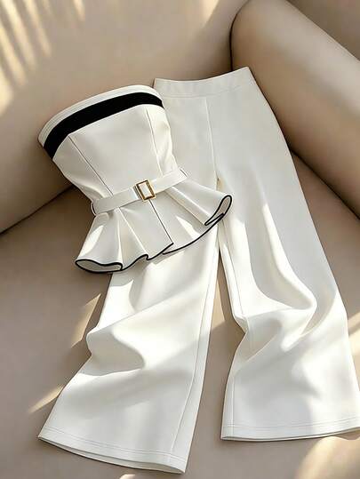 GlowEve 女士撞色腰带抹胸上衣和纯色长裤优雅两件套