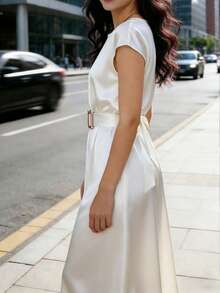 Balvessa Women's White Elegant Waist Cinched A-Line Midi Dress - Beige - View 3