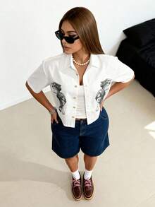 Manfinity Unisex 男士时尚罗马肖像印花衬衫 - 白色 - 查看 4