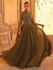 Glamrae 优雅奢华的珍珠亮片泡泡袖花卉拼接雪纺连衣裙，适合婚礼、派对、度假、舞会、晚礼服（装饰繁复） - 軍綠色 - 查看 5