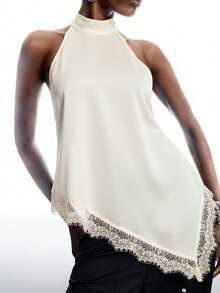 LYSMO 2026新款极简秋冬女式纯色立领无袖荷叶边不对称下摆时尚背心，米色 - 米色 - 查看 6