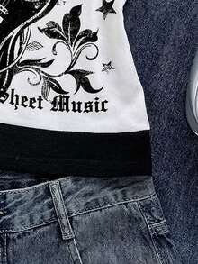 Attitoon Women's Casual Retro Contrast Color Short Sleeve T-Shirt, Guitar Music Festival Spring - White - View 5