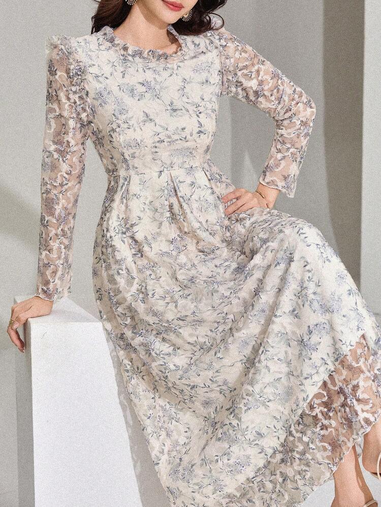 Women's Elegant Floral Print Midi Dress, Suitable For Commuting Sundress