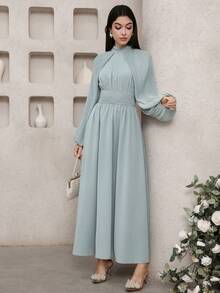 Veilorie Đầm dự tiệc cocktail kiểu dáng mới, xếp ly, thắt eo, lãng mạn, thướt tha, thanh lịch. - xanh xám - Xem 3