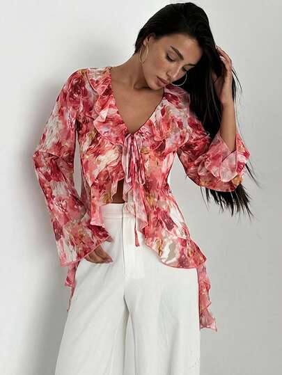 Firerie Women's Ruffle Tie Front Bell Sleeve Floral Print Chiffon Blouse