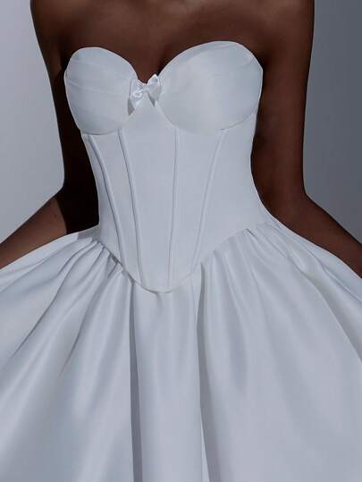 Elitara Elegant, Romantic, Fashionable White Satin Bow Decor Strapless A-Line Formal Dress, Suitable For Wedding Guest, Party, Prom, Bridal Shower