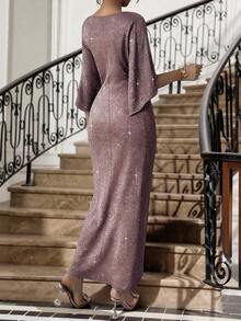 SHEIN Lady CURVE Party Casual Elegant Sequin Christmas Winter Sequin Dress Christmas  New Year Dress Party Dress Elegant Dresses For Women Plus Size Women V-Neck Batwing Sleeve Twist Waist Shiny Elegant Dress Elegant Midi Dress Women Party Dress Elegant Twist Front Dress Midi Wedding Guest Dress Glitter Dresses For Women Luxury Dress For Women Long Sleeve Elegant Dress Eleganza Dress/Christmas Dress