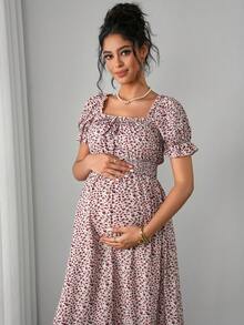 Momance 孕妇荷叶边方领短袖褶皱腰身修身连衣裙 - 粉色 - 查看 7