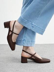 CUCCOO BIZCHIC Women's Classic Black Strap Low Heel Pumps For Christmas Valentine's Day Spring Shoes - Brown - View 7