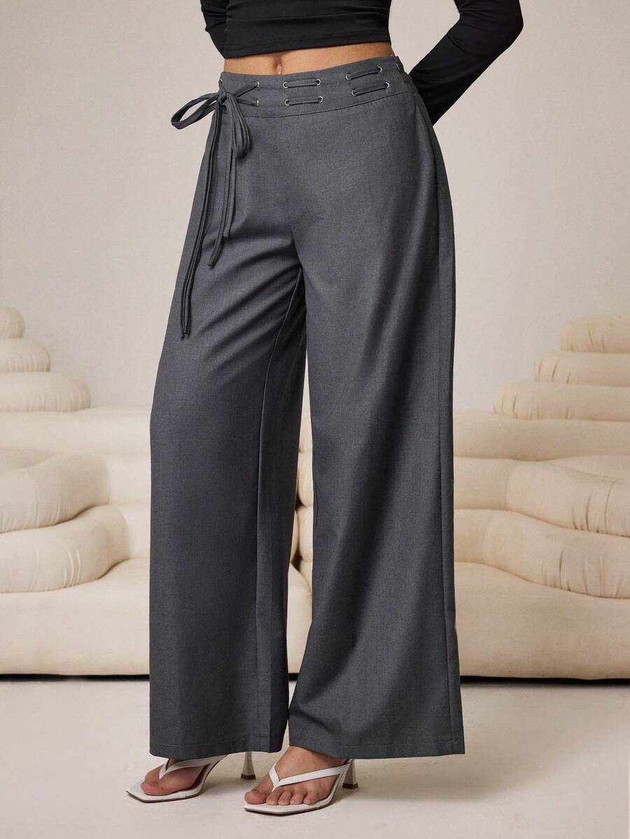 Aidyla Grey Corns Lace-Up Drawstring Design Low Waist Wide Leg Fashionable Suit Pants For Women - Grey - View 1