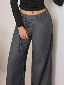 Aidyla Grey Corns Lace-Up Drawstring Design Low Waist Wide Leg Fashionable Suit Pants For Women - Grey - View 4