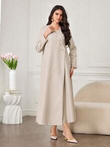 SHEIN Najma 时尚新款简约休闲亚麻质感女式长袍 - 淺灰色 - 查看 1