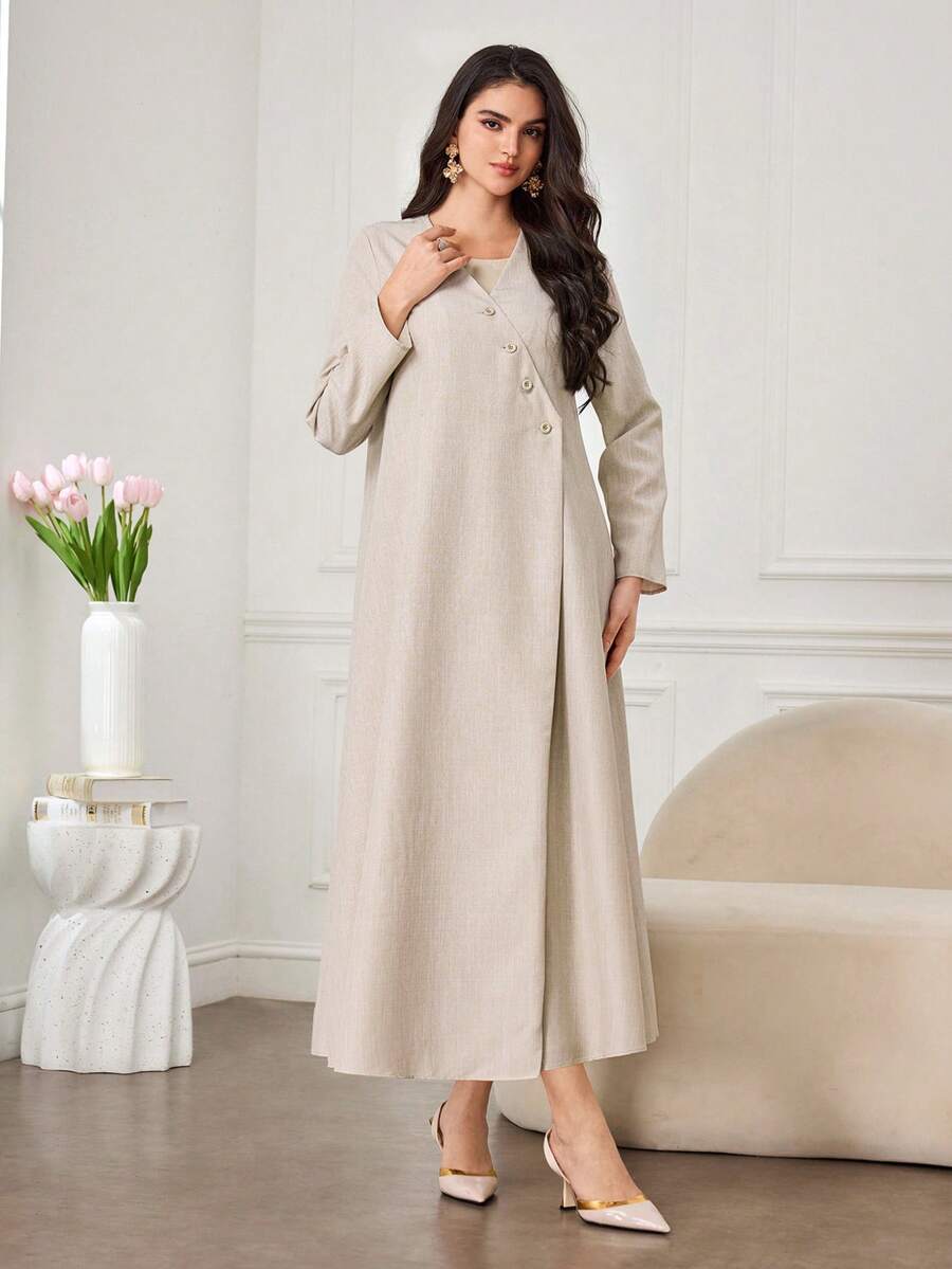 SHEIN Najma 时尚新款简约休闲亚麻质感女式长袍 - 淺灰色 - 查看 1