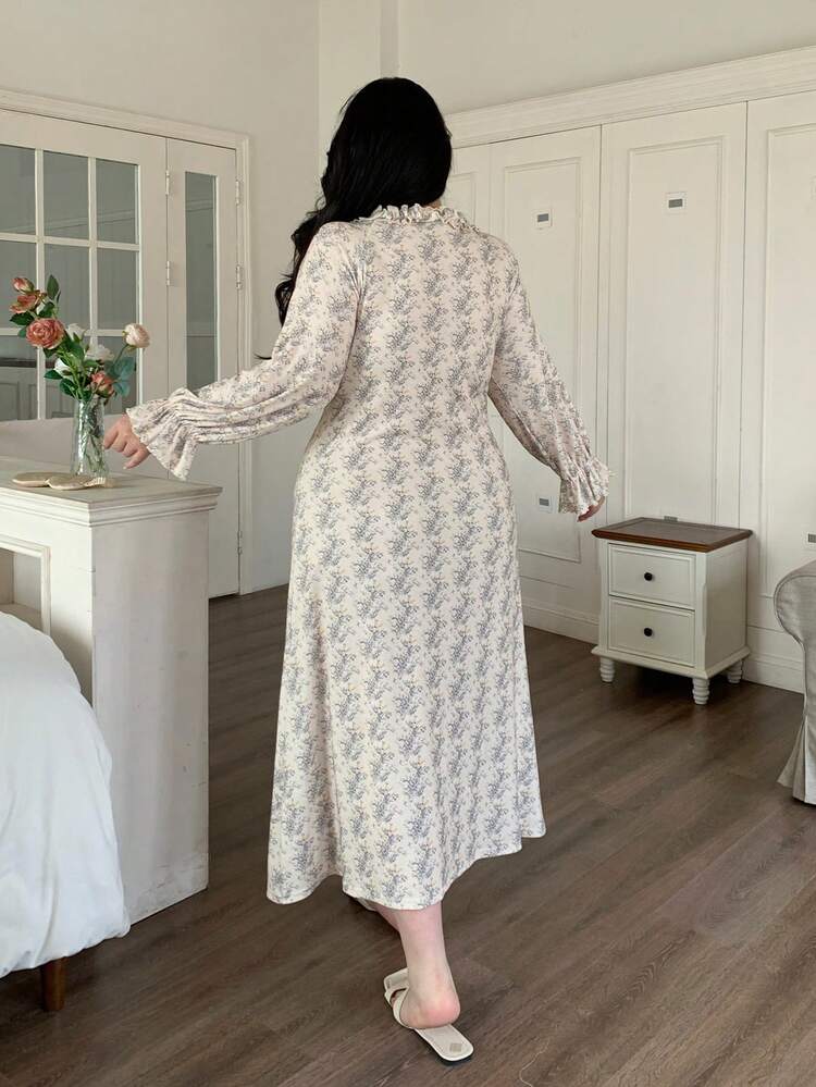Dazy Plus Fashionable Ditsy Floral Tie-Front Frill Trim Elastic Flare Sleeve Long Nightgown