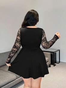 Vibekara 加大码女式性感黑色派对蕾丝拼接 A 字长袖褶皱胸围优雅复古浪漫修身可爱简约连衣裙，适合日常穿着、返校、生日、派对、婚礼嘉宾、鸡尾酒会秋季女士