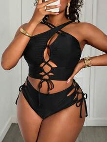 Slaydiva Plus Size Women Beach Vacation Solid Color Halter Hollow Out Tie Front 2 Pieces Swimsuit - Black - View 3