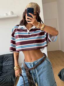 Coolane Áo Polo nữ dáng rộng thoải mái, họa tiết sọc nhiều màu, phong cách đường phố cổ điển, thích hợp cho mùa Xuân/Đông/Mọi mùa. - Nhiều màu - Xem 1