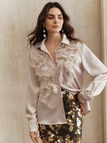 Anewsta Elegant French Retro Champagne Color 3D Ruffle Lace Decor Long Sleeve Office Blouse For Women - Champagne - View 5