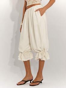 SHEIN BAE 女士纯色弹力腰荷叶边七分裤 - 杏色 - 查看 6