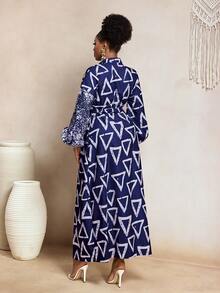 BamGleam Women's Geometric Print Lapel Single-Breasted Split Elegant Waist Dress For Party - Blue and White - View 2