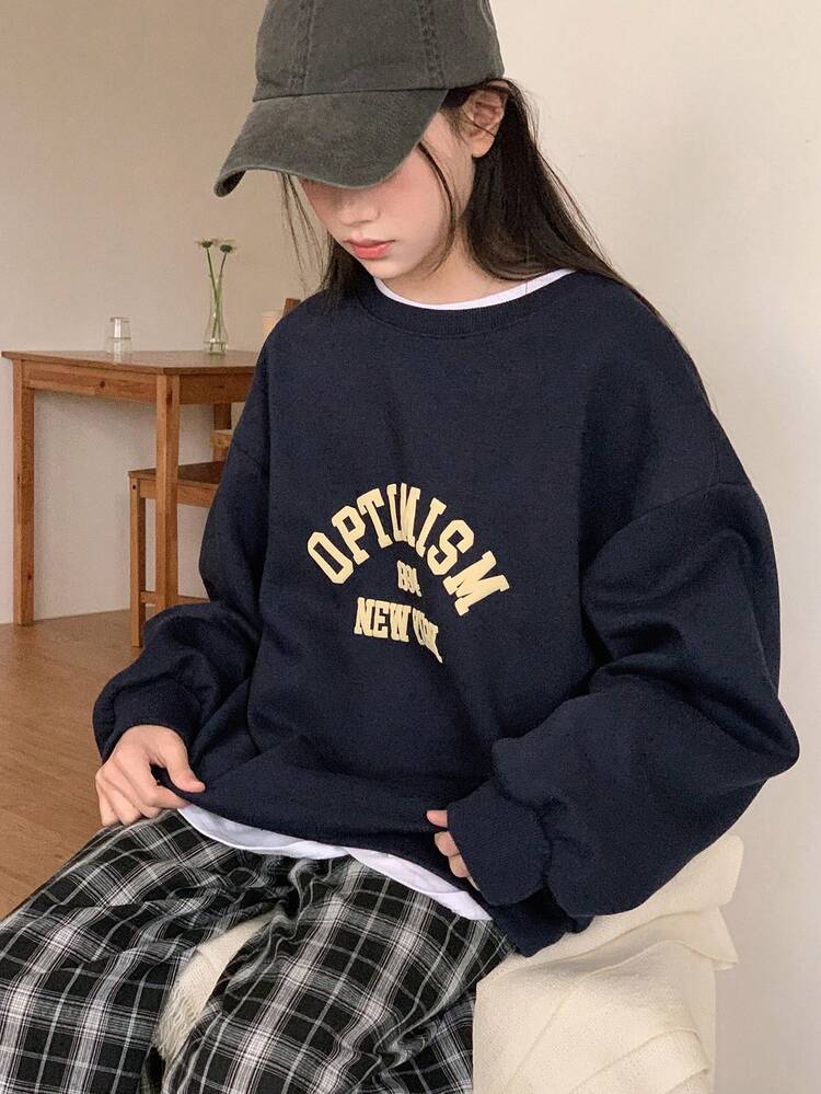 Teen Girl Letter Print Round Neck Drop Shoulder Long Sleeve Casual Loose Sweatshirt