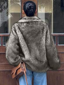 DAZY Chaqueta de mujer con cuello de piel sintética y manga larga, para otoño/invierno - Albaricoque - Ver 2