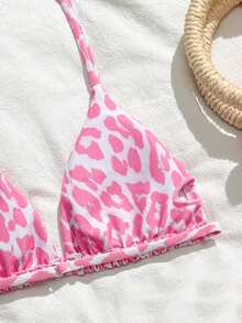 SHEIN 少女夏季海滩度假豹纹露背挂脖比基尼套装，含裹身系带纱笼裙三件套 - 粉色 - 查看 5