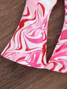 SHEIN Baby Girl Marble Print Asymmetric Hem Halter Top And Flare Pants Set - Red - View 3