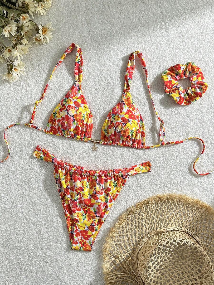 SHEIN Swim Mod Bộ bikini tam giác cổ điển in họa tiết nhiều màu sắc dành cho nữ, có dây đeo điều chỉnh được, thích hợp cho bãi biển, khu nghỉ dưỡng, tiệc bể bơi, du thuyền, những dịp thường ngày và ngọt ngào. - Nhiều màu - Xem 1