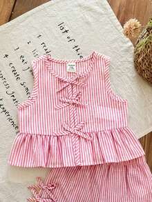 Babygirl Cute Summer Casual Red Plaid Bow Sleeveless Top And Elastic Waist Shorts Set - Multicolor - View 6