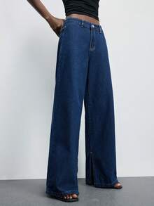 Maija Women's Blue Jeans, Summer Low-Rise Wide-Leg Trousers With Slits And Pockets, Classic Jeans. - Dark Wash - View 5