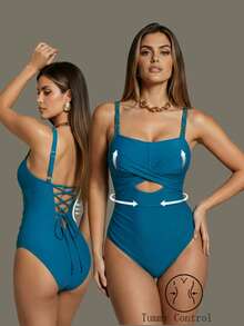 Shapewave 女士性感时尚连体泳衣，带可拆卸胸垫，镂空肩带设计，饰有金色珍珠，肩带可调节，塑身衣 - 水鴨藍 - 查看 5