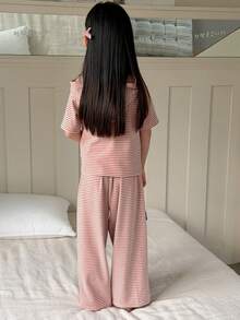 DAZY Young Girl Striped Short Sleeve Zip Front Hoodie And Pants Loungewear Set - Pink - View 5
