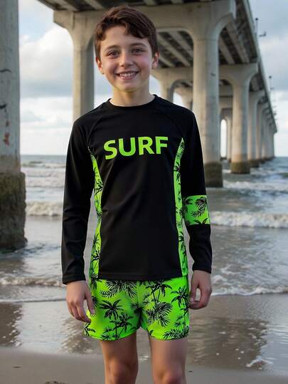 SHEIN Boys' Swimsuit, Tween Boys Swimwear, Vacation Green Tropical Printed Letter Printed Knitted Fabric, Long Sleeved Sun Protection Clothing, Four Cornered Shorts, Two-Piece Split Set, Long Sleeved Top Shorts, Casual Boys Suitable For Summer Vacation, Swimming, Summer Beach Surfing, Swimming Pool, Summer Party, Leisure Vacation Boys Rash Guard Set Boys Long Sleeve Swim