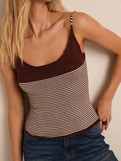 Easelle Women's Striped Pattern Casual Fashion Knit Camisole Summer Outfits Spring  Carnival Costume  Going Out Vacation Brown Spaghetti Strap Top