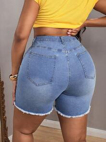 Slaydiva Plus Size High Waist Distressed Frayed Hem Skinny Denim Shorts - Blue - View 2