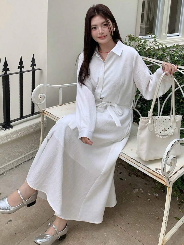 Dazy Plus Plus Size Casual Solid Color Shirt Collar Loose Tie Waist White Long Sleeve Versatile Commuter Dress Maxi Dress Sundress