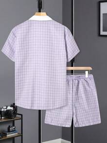 Manfinity Homme 男士休闲格子撞色 Polo 领纽扣衬衫短裤套装，夏季 - 淡紫色 - 查看 2