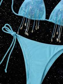 Swim Mod Women's Beaded Starfish Tassel Crochet Bikini Set, Sweet Minimalist Elegant Style, 26ss New Beach Party Holiday Swimwear - Blue - View 4