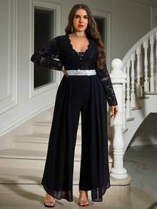 SHEIN Clasi 大码女式蕾丝亮片拼接时尚约会派对长袖连体裤 - 黑色 - 查看 2