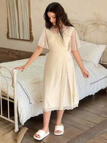 DAZY 少女优雅蕾丝拼接裹身睡袍家居服