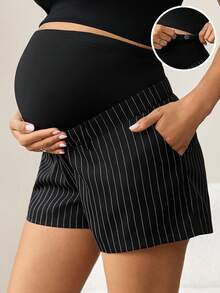 MaterniWear Maternity Clothes Maternity Tops  Summer Commute Office Attire Black And White Striped Adjustable Waistband Pocket Maternity Shorts