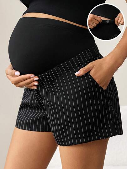 MaterniWear Maternity Clothes Maternity Tops  Summer Commute Office Attire Black And White Striped Adjustable Waistband Pocket Maternity Shorts