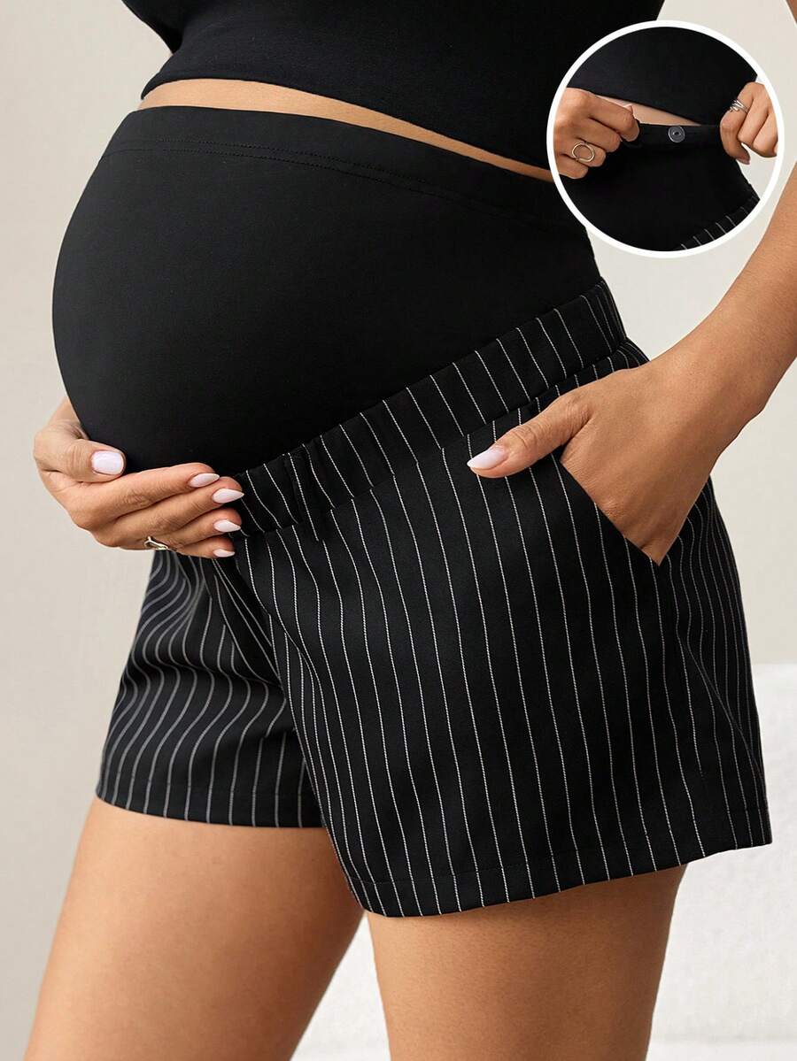 MaterniWear Maternity Clothes Maternity Tops  Summer Commute Office Attire Black And White Striped Adjustable Waistband Pocket Maternity Shorts