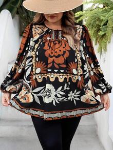 SHEIN CURVE+ Curve 尺码 US22 音乐节、海滨度假、波西米亚风度假女士长袖圆领系带图案上衣，热带图案长袖衬衫 - 彩色 - 查看 6