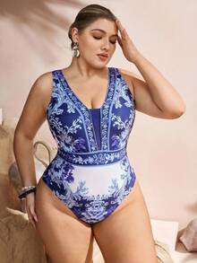 Swim Oasis Áo tắm liền thân in họa tiết gợi cảm cỡ lớn & Áo tắm sarong in họa tiết đi biển - Nhiều màu - Xem 7