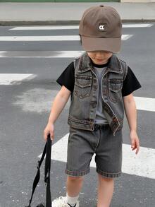 SHEIN Baby Boy Sleeveless Denim Pocket Vest & Adjustable Waist Denim Shorts 2pcs Set, Casual Streetwear Summer Outfit For Infant/Newborn Boys - Black - View 1