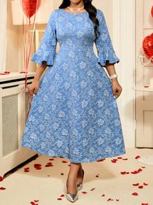 SHEIN Lady 大码女式花卉提花圆领喇叭袖优雅连衣裙 - 彩色 - 查看 10