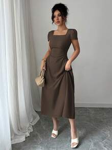 Elenzga Đầm midi nữ thanh lịch màu trơn cổ vuông, thắt eo, tay phồng, thích hợp cho kỳ nghỉ, tiệc trà chiều, mùa xuân/hè. - Màu nâu Sô-cô-la - Xem 7