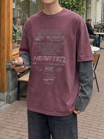 Manfinity Unisex 男士时尚休闲宽松长袖T恤，印有英文文字和图案，针织日常穿着，夏季情侣款